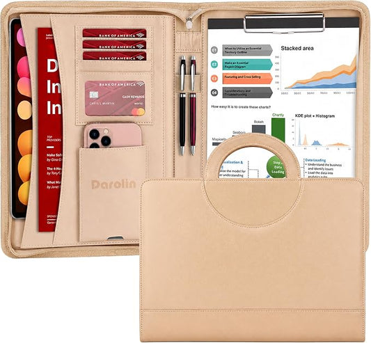 Darolin Vegan Leather Padfolio Portfolio with Handle, Zipper -Gold | Business Portfolio Organizer for Meetings, Interviews, Travel, Resume, Clipboard Fits A4, Letter Size, Padfolio for Men Women