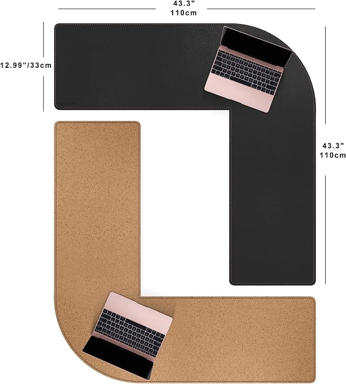 MAIDERN (43.3” + 43.3”) x 13” L Shaped Corner Desk Mat, Cork & Leather Dual Sided Desk Pad for Gaming Computer Office Home (Black) …