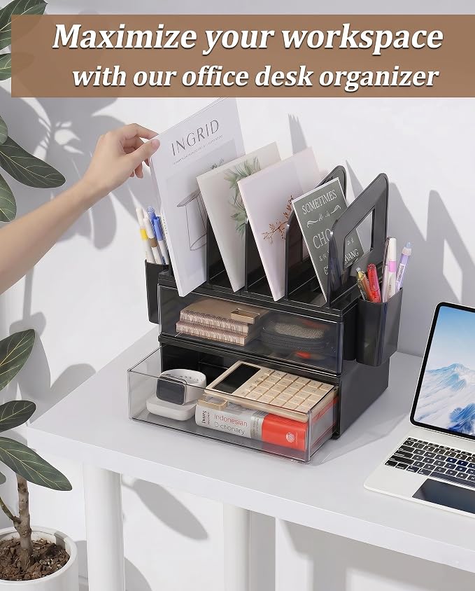 LALOBLUE Acrylic Desk Organizer with Drawer and Vertical File Holder, Desk Organizers and Accessories, Multi-Functional Office Supplies Organizer for Home or Work Desk, Black