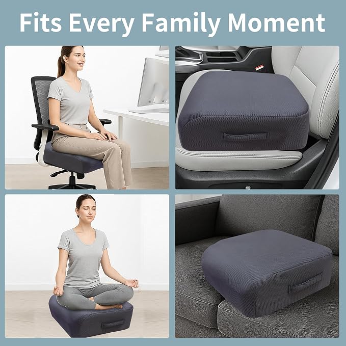 6" Extra Thick Memory Foam Office Chair Cushion – 2-Layer Booster Seat for Back & Tailbone Pain Relief, 18 x 16 x 6in Non-Slip Cushion with Carry Handle for Wheelchair, Car, and Airplane