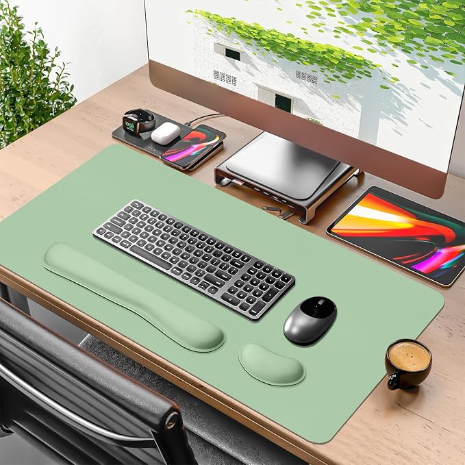 Desk Mat Set， Wrist Rest for Computer Keyboard, 3-in-1 Large Mouse Pad and Keyboard Wrist Rest Set, Non-Slip Desk Mat Protector for Office, Home(27.5×13.8 Inches, Lake Green)