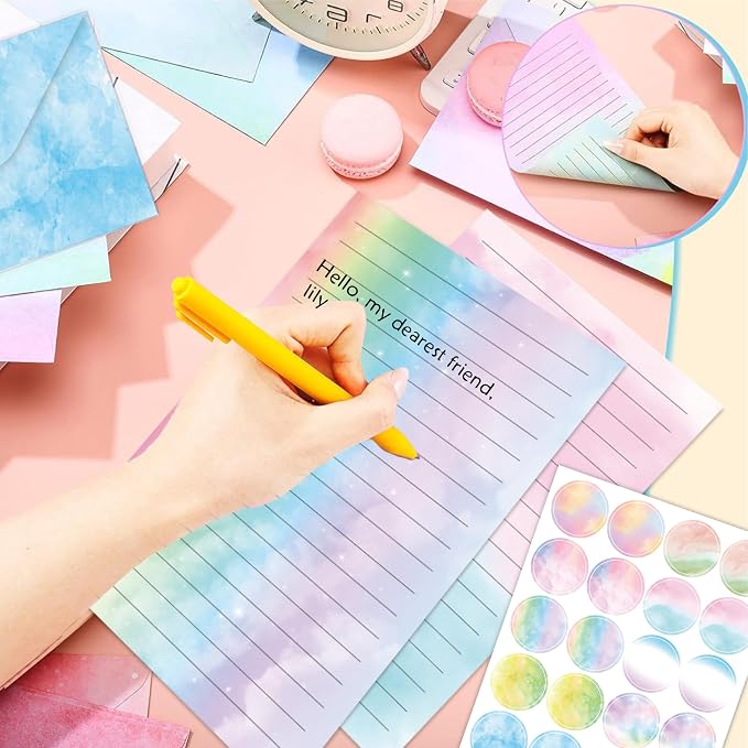 Stationery Paper Envelopes Set 160 Pcs - 50 Lined Writing Paper, 50 Envelopes, 60 Dot Stickers, Vintage/Floral/Leaf/Watercolor Multi-Style Options (STATIONERY-160PCS-WATERCOLOR)