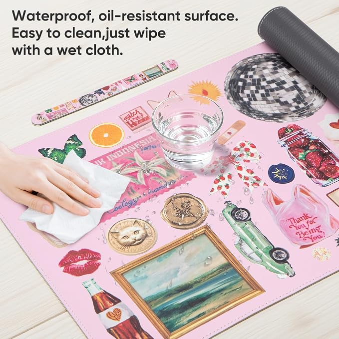 Pink Desk Mat, Leather Desk Pad Blotter Protector, XXL Large Mouse Pad,Computer Laptop Mouse Pads for Desktop,Waterproof Writing Anti-Slip Mousepad for Office and Home I Colorful Stickers