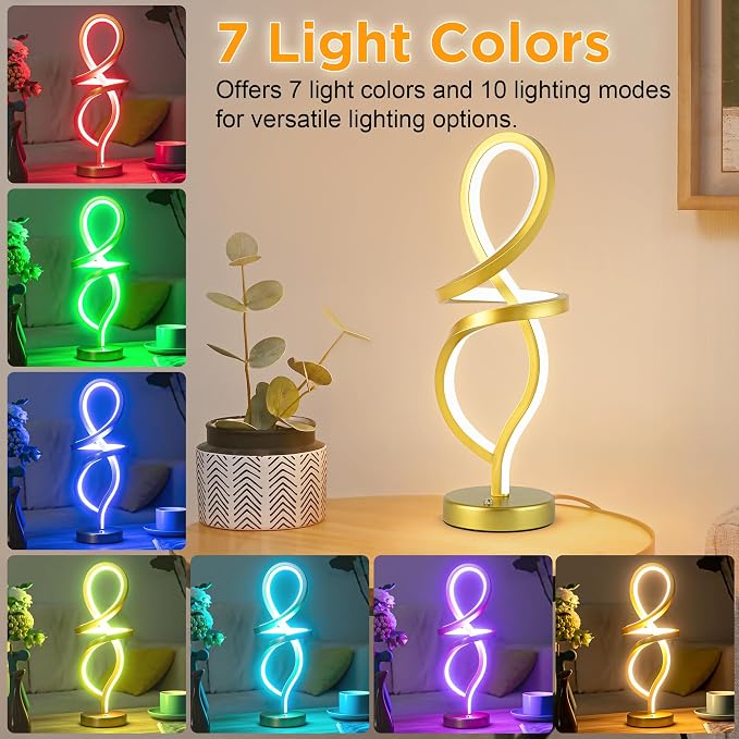 Mayful Modern RGB Table Lamp with 15W LED Unique Spiral Design, Gold Small Nightstand Lamp & Bedside Lamps, Touch Dimmable with 7 Colors & 10 Modes for Bedroom, Living Room, Home Office