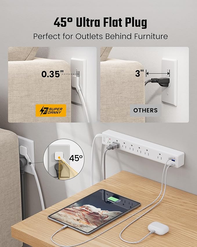 2 Pack Flat Plug Surge Protector Power Strip, 6ft Ultra Thin Extension Cord with 3 USB, SUPERDANNY 6 Outlets Charging Station, Wall Mountable Outlet Extender for Home Office, College Dorm Room