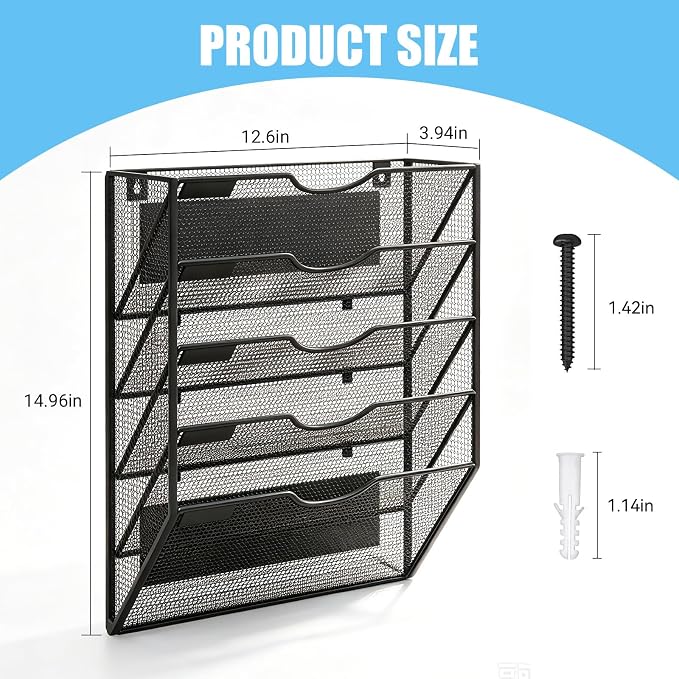 Magnetic File Holder,No Assembly Required & No Drilling,Hanging Magnetic File Organizer,Magnetic Mail Paper Folder Holder for Refrigerator,Whiteboard,File Cabinets (5-Tier)