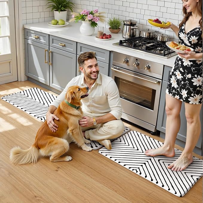 KIMODE Kitchen Mats Cushioned Anti Fatigue,Geometric Kitchen Rugs Sets of 2 | Non Slip Waterproof Kitchen Floor Mats,Comfort Standing Mats for Laundry Office Sink Desk 17"x47"+17"x29" Black Diamond Decor