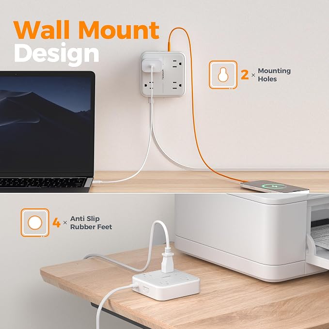 TESSAN Surge Protector Flat Extension Cord 5Ft, Ring Plug Power Strip with 4 Outlets 3 USB Ports (1 USB C), 900 Joules Protection, Multiple Wall Outlet Extender Suitable for Home Office Dorm, Grey