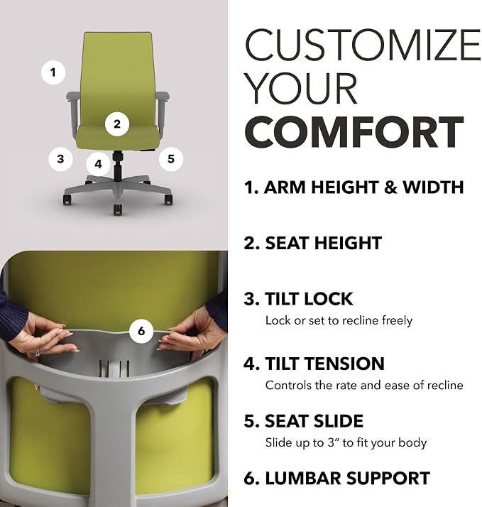 HON Ignition 2.0 Mid‑Back Ergonomic Office Chair, Mesh Task Desk Chair with Lumbar Support, Standard Synchro‑Tilt, Height and Width Adjustable Arms, Titanium Frame, Pear