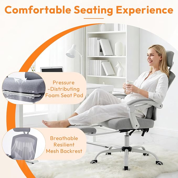 Ergonomic Office Chair with Footrest, Comfortable Desk Chair Gaming Chair | Leg Rest, Swivel Mesh Desk Chair with Headrest and Lumbar Support for Home, Office, Work, Study, Grey