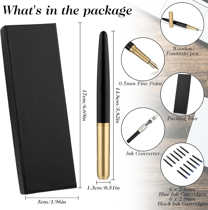 cobee Handcrafted Wooden Fountain Pens Set, Vintage Luxury Wood Fountain Pen 0.5mm Fine Point Smooth Writing Pen With 12 Ink 2.6 mm Cartridges and Gift Box for Journaling Calligraphy Supplies(E)