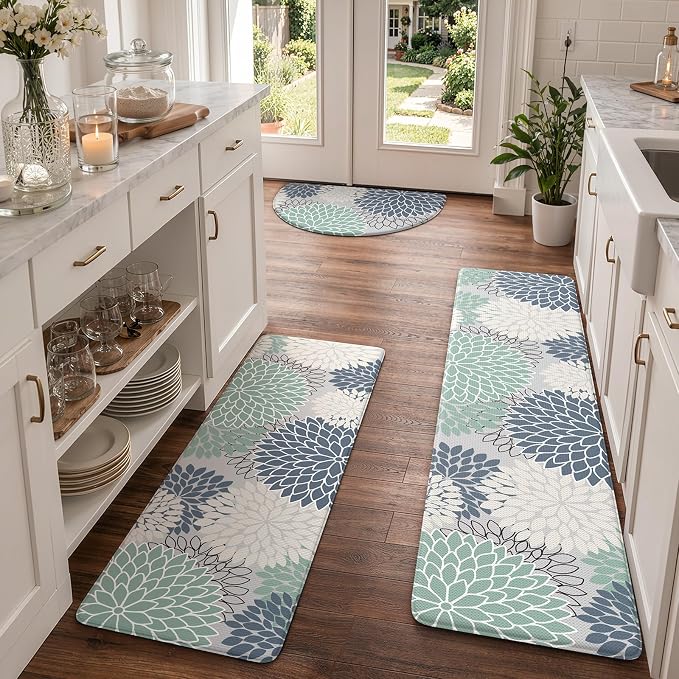 KIMODE Half Circle Anti Fatigue Mats for Kitchen Floor Rug Sets of 3 | 18"x28+18"x47"+18"x59",Cyan Dahlia Floral Boho,Half Round,3PCS,Non Slip,Waterproof,for Sink Office Laundry Bathroom Decor
