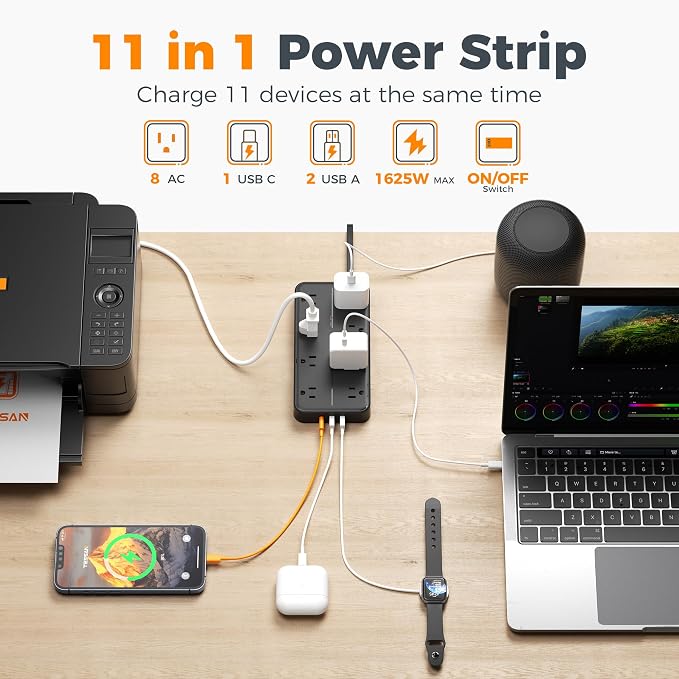 TESSAN Power Strip Surge Protector, 15FT Flat Plug Extension Cord with 8 Outlets 3 USB Charger(1 USB C), 1080 Joules Protection, Wall Mountable Charging Station for Home Office Dorm, Black