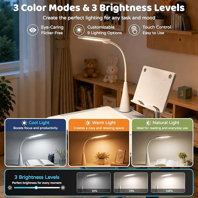 Diroan Kids Desk and Chair Set with LED Light, Height-Adjustable for Age 7+ | Ergonomic, Large 0‑45°desk, Sturdy steel frame, Storage drawer, Bookstand, Metal hook