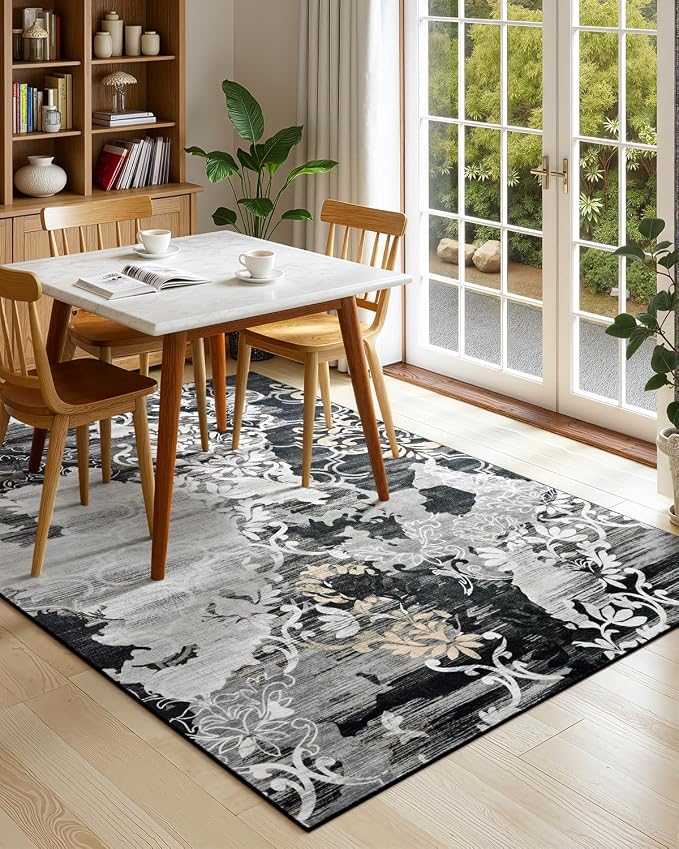 Washable Abstract Rug, 6x9 Black Floral Area Rugs with Non-Slip Rubber Backed for Living Room, Low Pile Modern Throw Carpet Bedroom Dining Room Decor
