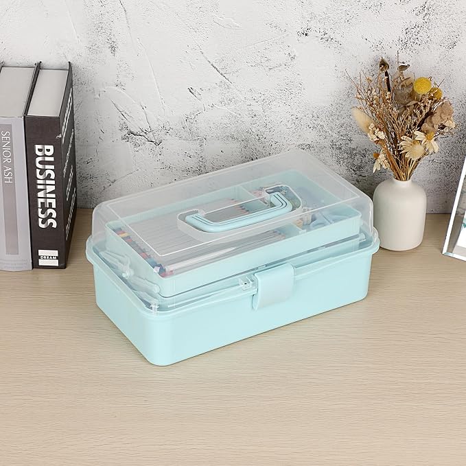 BTSKY 3-Layer Plastic Dividing Storage Box Craft Organizer and Storage | Portable Handled Art Supply Organizer with Adjustable Spacers Multipurpose Home Utility Box for Medicine Sewing(Blue)