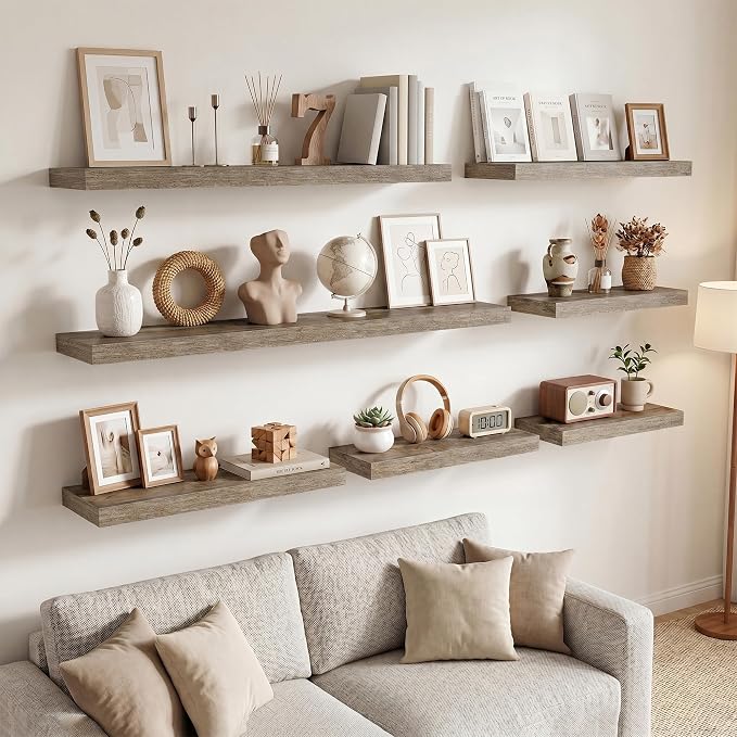 Marsmiles 55in Floating Shelves for Wall, 72" W x 9.25" D x 1.5" H, Long Wall Mounted Engineered Wood Shelves with Invisible Brackets for Living Room, Bedroom, Bathroom, Kitchen, Grey, 2Pcs