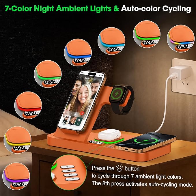 Dual Phone Wireless Charging Station for Apple Devices, Magnetic Charging Station for iPhone with Auto Switch 7-Color Light&Clock,Family Watch Charger for iPhone17 for iWatch11for AirPods Pro3(Orange)