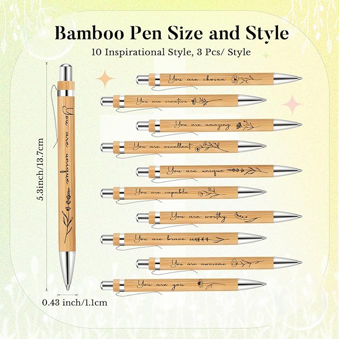 Watersay 30 Pcs Inspirational Bamboo Pens Bulk Flower Ballpoint Pens with Black Ink Employee Appreciation Thank You Gift for Women Men Easter Coworker Staff Social Worker Volunteer Teacher Nurse