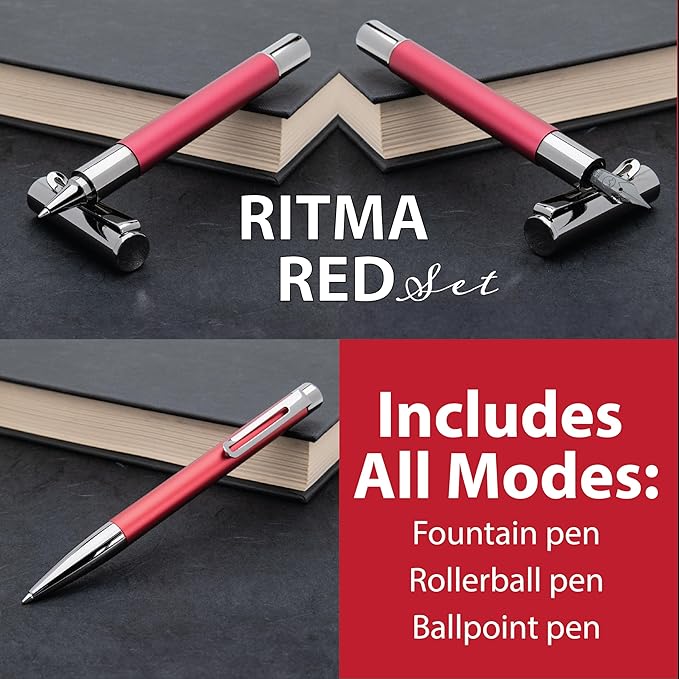 Monteverde Ritma 3+2 Piece Gift Set, Red - Includes Medium Nib Fountain Pen, Rollerball, Ballpoint, 30ml Ink & Refill - Premium Writing Set for Professionals & Collectors