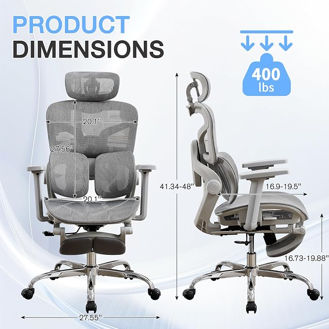 Ergonomic Mesh Office Chair with 2-Zone Lumbar Support and Footrest,Grey | Big and Tall, 400LBS, Adjustable Seat Depth, 4D Headrest, 4D Armrests Swivel Executive Chair for Home Office