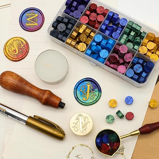 SWANGSA Initial Alphabet J Wax Seal Stamp Kit, Classic Retro Letter Sealing Stamp with 200pcs Sealing Wax Beads Kit for Wedding Invitations Cards Envelopes (J)