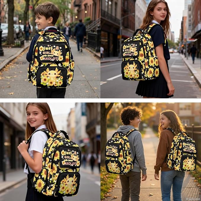 WELLFLYHOM Sunflower Axolotl Backpack Set for Girls Ages 8-12 | Full Matching Storage Accessory Set, Portable Daypack Fits Elementary and Junior High Daily School Storage Demands