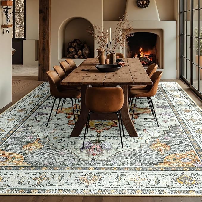 RELEANY Area Rugs Large 10'x12' Washable Non-Slip, Floral Vintage Distress Medallion Carpet for Living Room Bedroom Dining Room, Beige Carbon Grey Orange