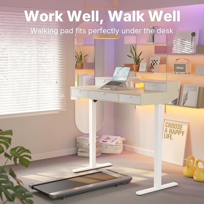 HUANUO 48 x 24 Inch Electric Standing Desk with 4 Drawers, Natural | 4 Drawers For Organized Storage, Raised Monitor Shelf, C-Clamp Mount Support, 4 Memory Presets, 28.3–46.5 Inch Height Range