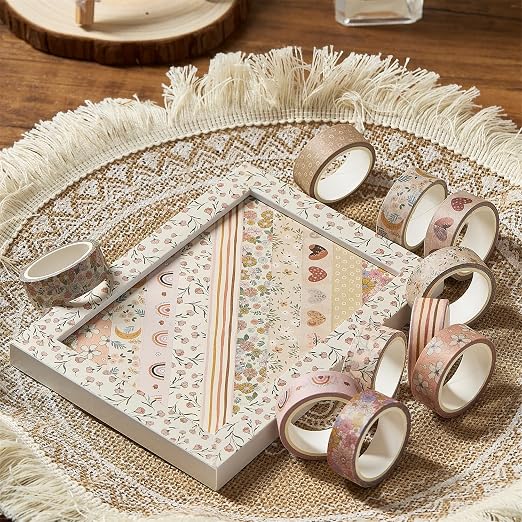 Boho Washi Tape Set 10 Rolls Cute Masking Graphic Floral Pattern Decorative Tapes for Arts, DIY Crafts, Journals, Planners, Scrapbook, Wrapping (Warm)