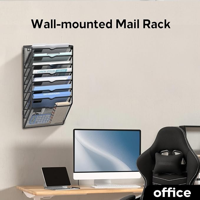 8 Tier Wall Hanging File Organizer, Paper Folder Holder Wall Mounted, Metal Mail Sorter for Office Home School, Black