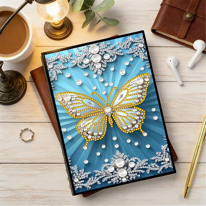 FRANDEK Diamond Art Painting Notebook Kit, White Butterfly A5 DIY Journal with 50 Blank Pages, Crystal Rhinestone Cover with Waterproof Canvas, Beginner Craft Set with Full Tools for Adults