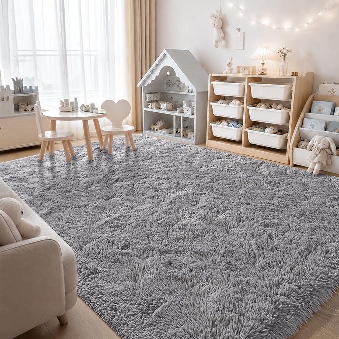 Zentavio Area Rugs for Living Room Grey Rugs for Bedroom Large Big 9x12 Carpet Fluffy Furry Soft Shag Aesthetic Plush High Pile Gray Rug for Nursery Kids Room Dorm