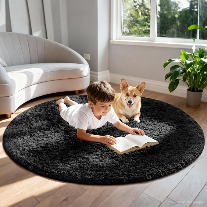 Ophanie Round Rug 6Ft Black Circle Area Rug, Room Decor for Men, Fluffy Fuzzy Bedroom Carpet, Plush Soft Shaggy Living Room Rugs for Kids Home Aesthetic, Nursery with Over 99 pcs Pile fibers
