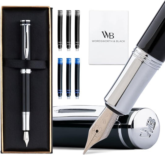 Wordsworth and Black Fountain Pen Mini EDC: Luxury Black Heavy Pocket Pen, Chrome Finish, Medium Nib, 6 Ink Cartridges, Ink Converter, Travel Refillable Writing Pen Gift Set, Men & Women