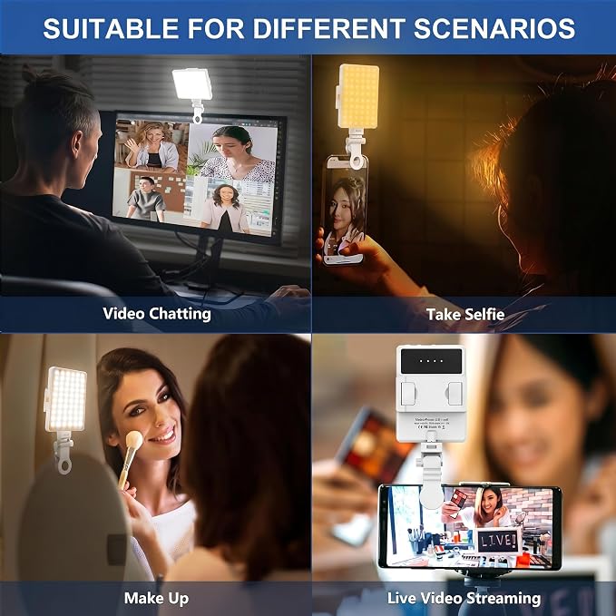Selfie Light, Phone Light with Front & Back Clip, 60 LED Portable Light with 3 Modes, 5000mAh Rechargeable Video Light for Phone, iPhone, IPad, Laptop, TikTok, Makeup, Lighting Monolights(White)