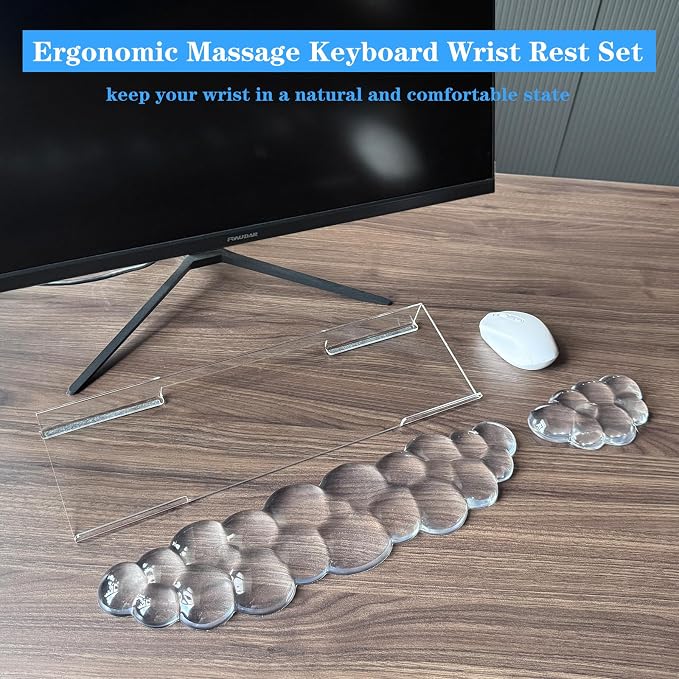 Acrylic Transparent Computer Keyboard Stand with Gel Cloud Keyboard and Mouse Wrist Rest, Ergonomic Tilting 3-in-1 Set, Relieves Painful Typing, for Office/Computer/Laptop/Gaming