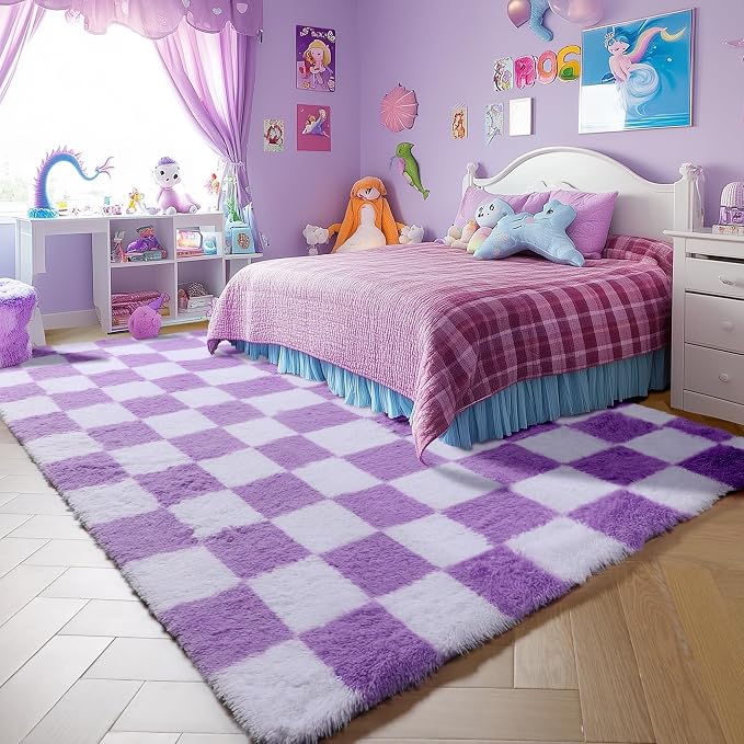 KICMOR Purple Rugs for Living Room Bedroom, Fluffy Soft Checkered 5x8 Area Rug Fuzzy Shag Shaggy Carpet, Indoor Furry Plush Floor Rugs for Kids Girls Boys Baby Teen Dorm Nursery Home Decor Aesthetic