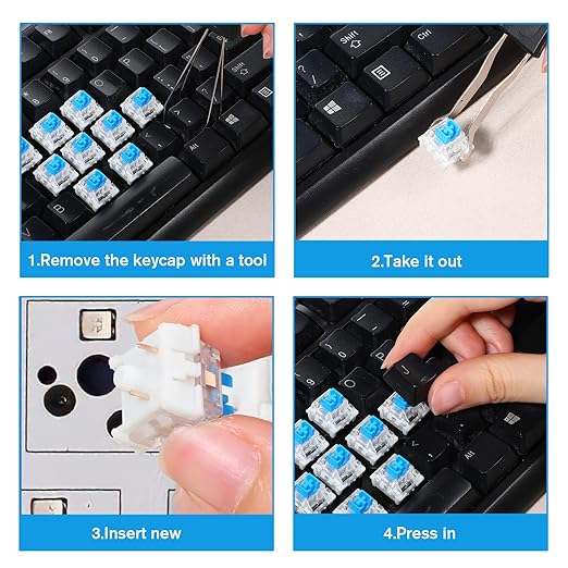 Qianyu 50 Pcs Blue Mechanical Keyboard Switches with Switch Puller and Brush 3-Pin Clicky Key Switches Dustproof DIY Replacement Kit for Gaming Keyboards Typists Gamers