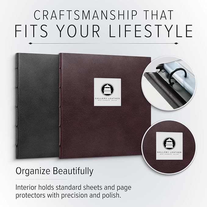 Gallery Leather 3 Ring Binder with Plastic Sleeves, Includes 10 Sheets, Sheet Size: 8.5" x 11" - Presentation Binder Rings with Window and Hubbed Spine, Thick: 0.75" Freeport Black