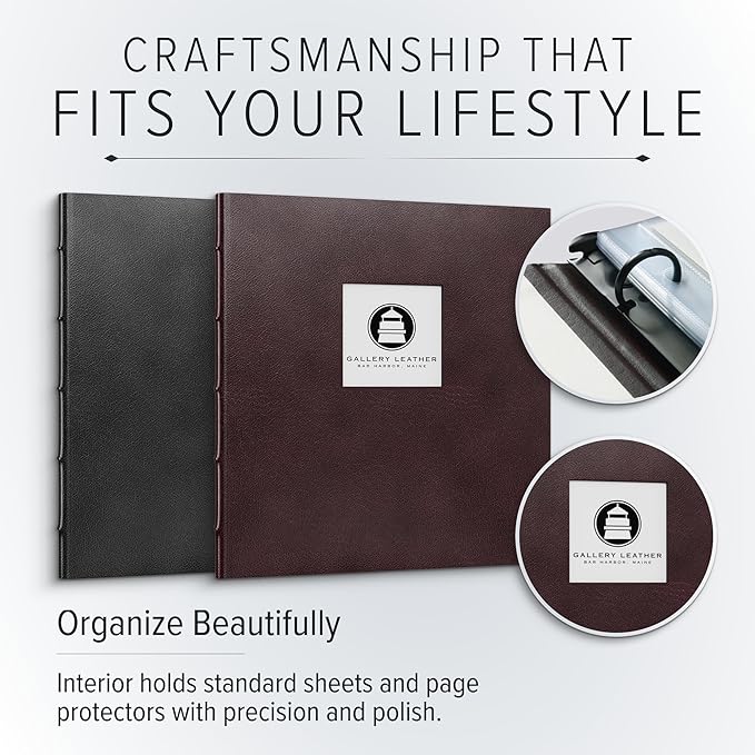 Gallery Leather 3 Ring Binder with Plastic Sleeves, Includes 10 Sheets, Sheet Size: 8.5" x 11" - Presentation Binder Rings with Window and Hubbed Spine, Thick: 0.75" Camden Red