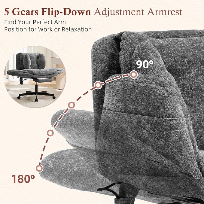 Criss Cross Office Chair with Footrest and 5-Gear Adjustable Arms, Grey | Wide seat cross-legged desk chair, flip lumbar pillow, airbag support, chenille fabric, for home office vanity and meditation