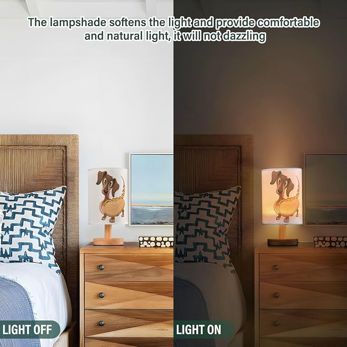 Table Lamp Dachshund Hot Dog Nightstand Lamp with Wood Base Fabric Lamp Shade Bedside Desk Lamp for Living Room Bedroom Kids Room Office
