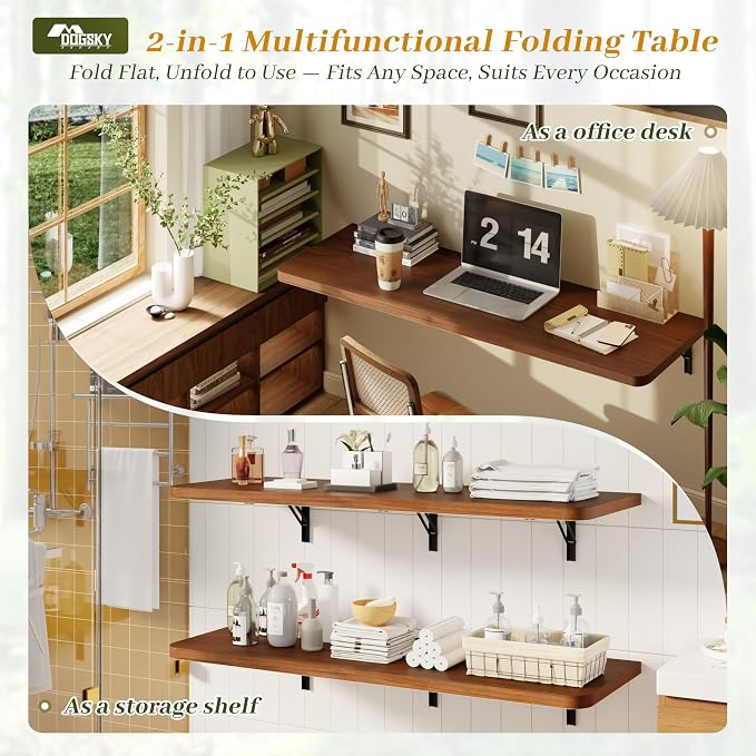 Dogsky Floating Wall Desk, 48" x 16" Wall Mounted Folding Table, Pine Wood Fold Down Wall Table, 300 lb Capacity Wall Mount Desk for Small Apartment, Laundry Room,Kitchen,Bar & Computer Use, Walnut