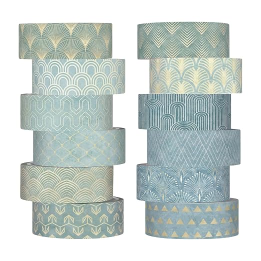 12 Rolls Watercolor Floral Washi Tape Set 15 mm Vintage Flower Decorative Masking Tape for Summer School Arts DIY Craft Scrapbook Journal Supplies Gifts(Teal Color,Art Deco)