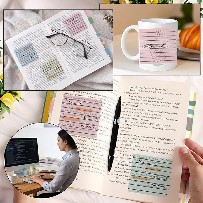 Vuzvuv 920 Sheets Transparent Line Clear Sticky Notes with Pen,3x3 Inch Bulk Translucent Sticky Notes Set for Bible Tabs, Book Tabs, Office School Supplies(Morandi Line Colors)