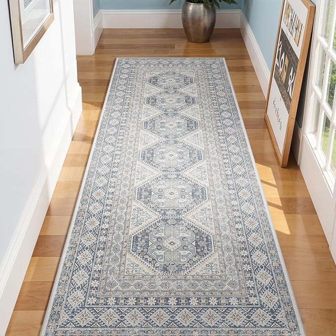 3x8 Runner Rug Kitchen Washable:Oriental Indoor Hallway Runners with Non Slip Backing Floor Mat for Entryway Door Low Pile Thin Carpet for Bedroom Bathroom Living Room Bedside (Blue, 3x8)