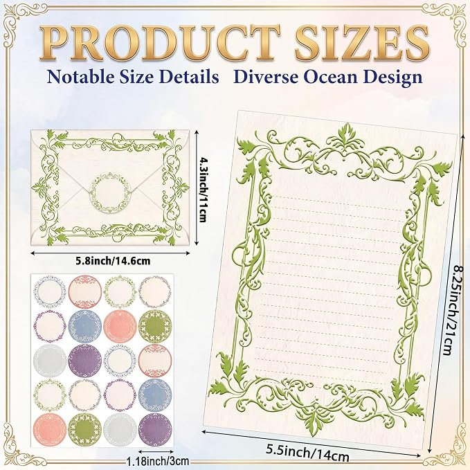 TaoBary 160 Pcs Stationery Paper Set 50 Double Sided Stationery Papers with 50 Matching Envelopes and 60 Round Dot Sticker, 10 design(vintage Lace Frame, 5.5 x 8.25 Inch)