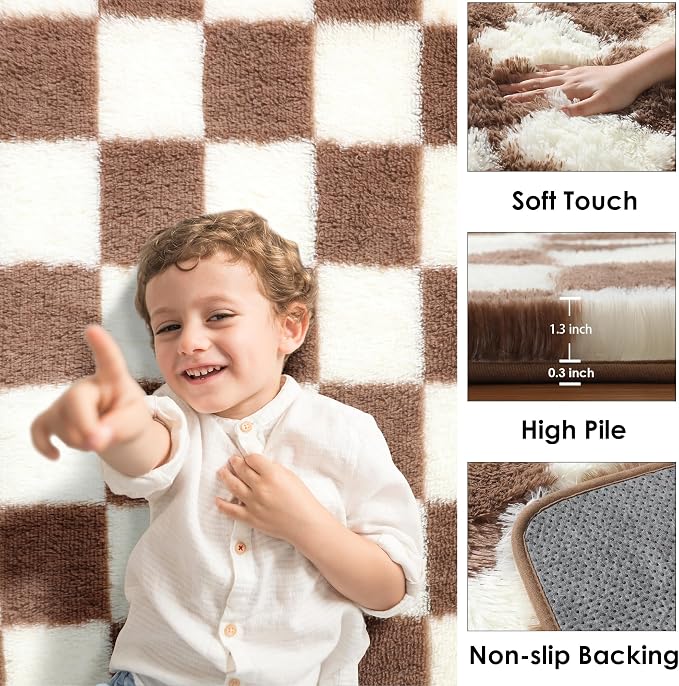 KICMOR 4x6 Brown and Cream White Area Rugs for Bedroom, Fluffy Shag Shaggy Fuzzy Checkered Living Room Rug, Soft and Comfy Bedside Carpet, Furry Plush Rug for Kids Room Nursery Home Decor Aesthetic