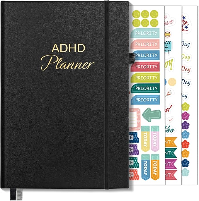 SUNEE Adhd Daily Planner for Adults,3-Month Undated Daily Weekly Monthly Planner for Productivity, Goal Setting, Time Management, Work & Life - for Men & Women,Vision Board + Stickers,Black